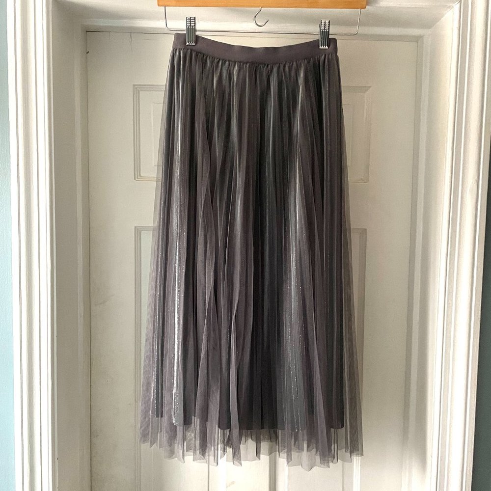 Y Q Fashion Tulle Overlay Skirt Silver Grey Midi Size XS